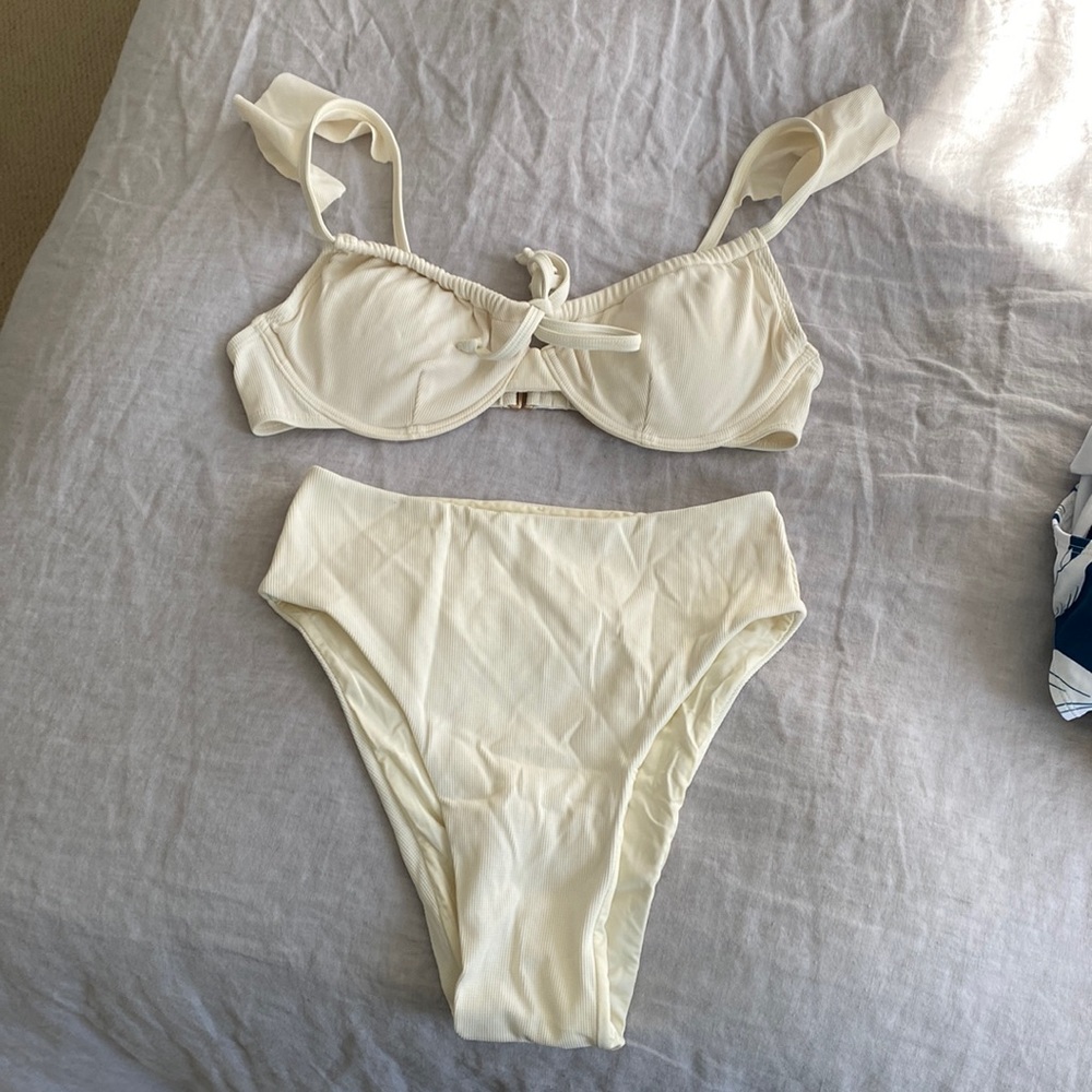Toluca Swim Angelina Flutter Top and Cora Midi+ Bottom - Ivory Micro Waffle